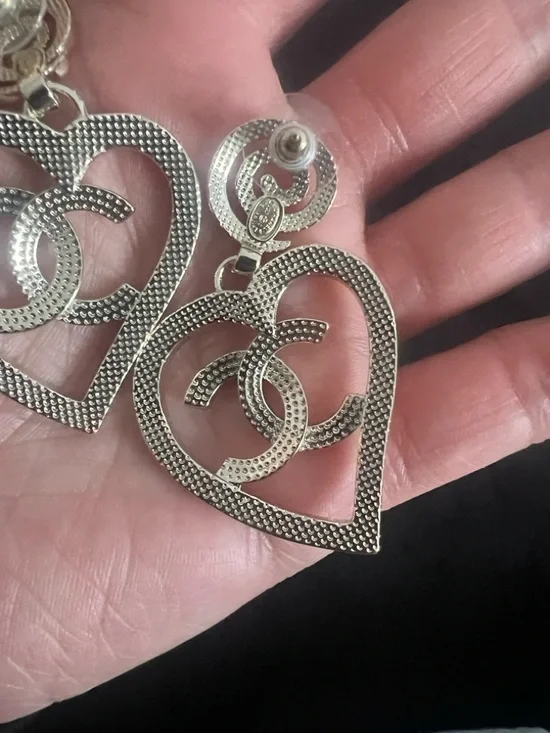 CHANEL Silver Open Heart CC Drop Earrings - Picture 7 of 8
